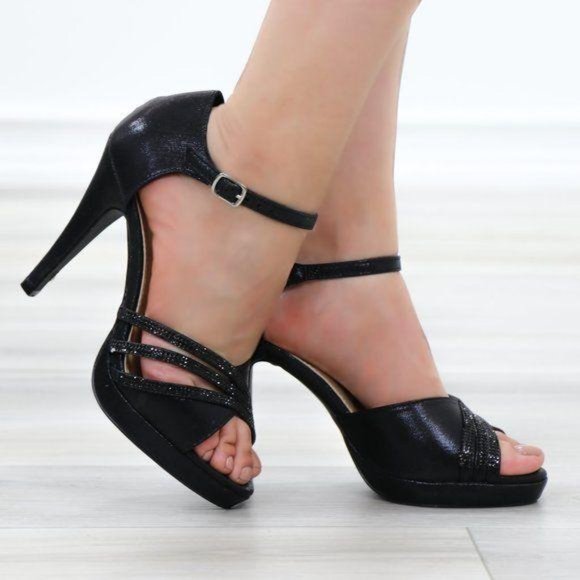 Shoes - Shimmery Black Satin Platform Heeled Stiletto Sandal
